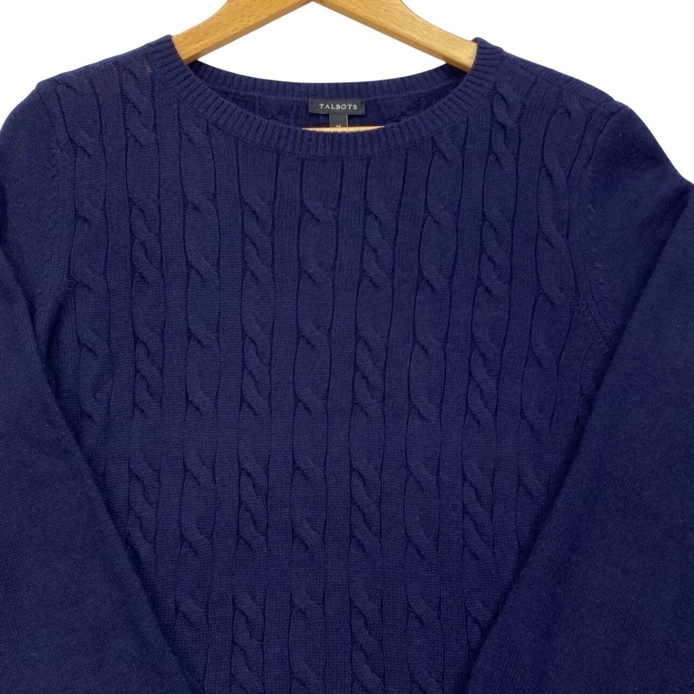Talbots Cable Knit Sweater Womens Med Navy Blue Lambswool Button Cuff Crewneck